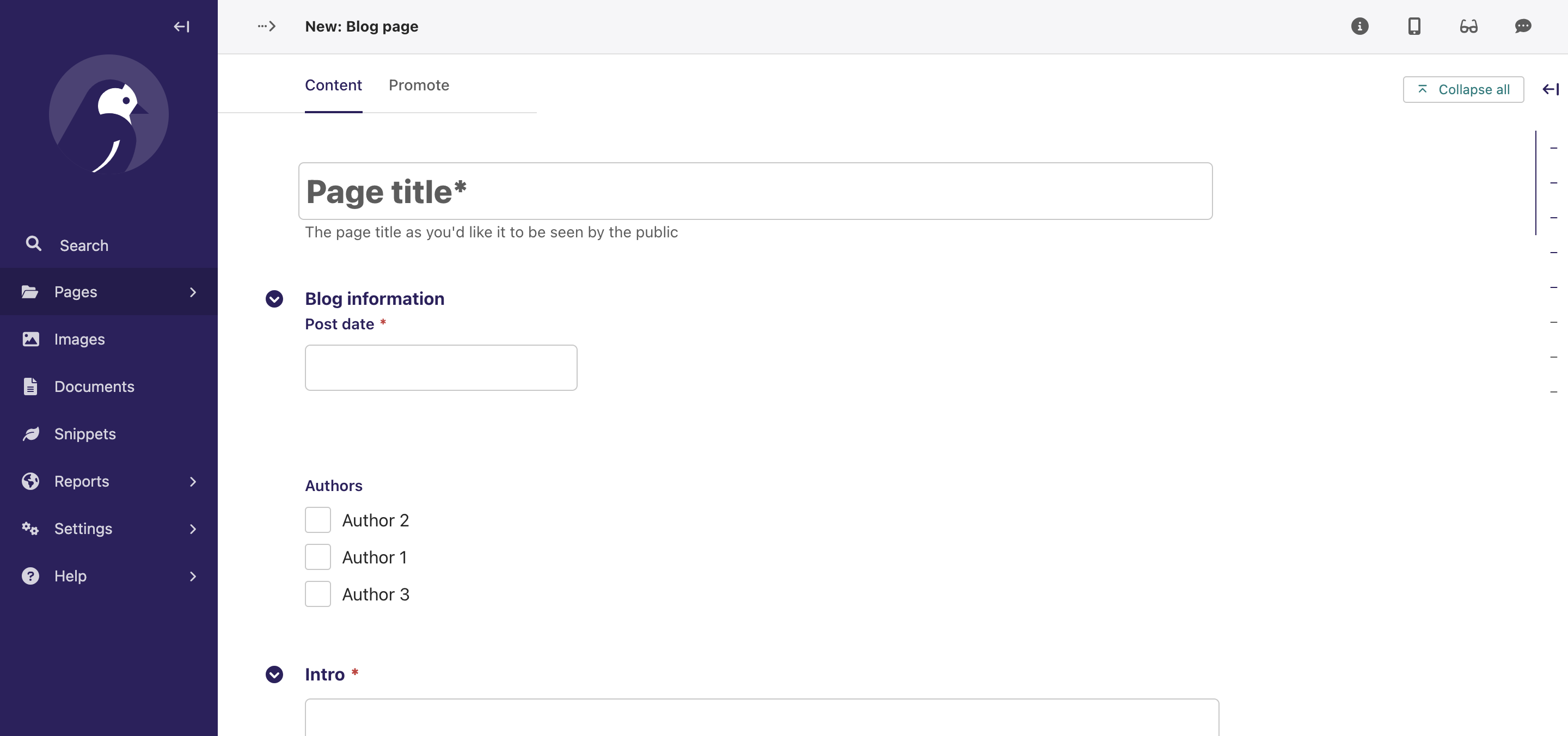 "Blog" page, with authors presented as a checklist
