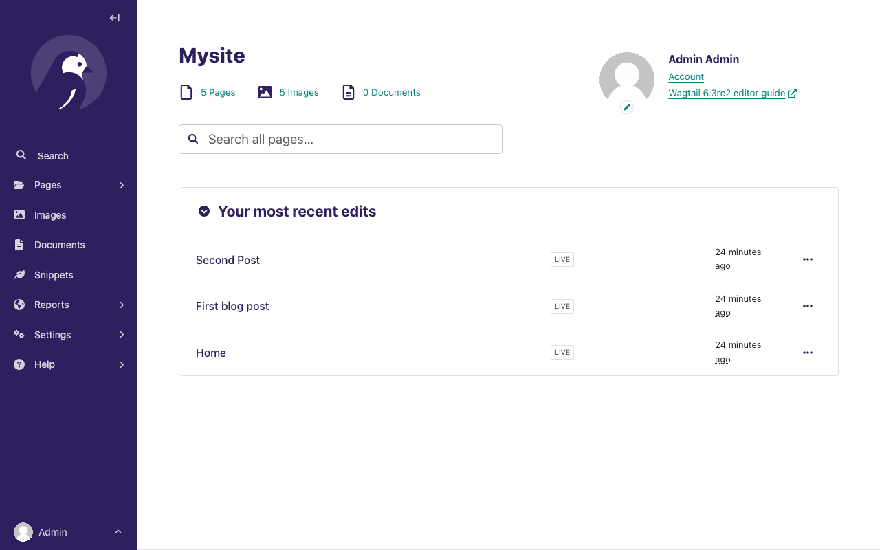 Screenshot of Wagtail’s dashboard, with "Welcome to the mysite Wagtail CMS" heading, 1 page, 0 images, 0 documents. Underneath is a "Your most recent edits" section, with the Home page listed