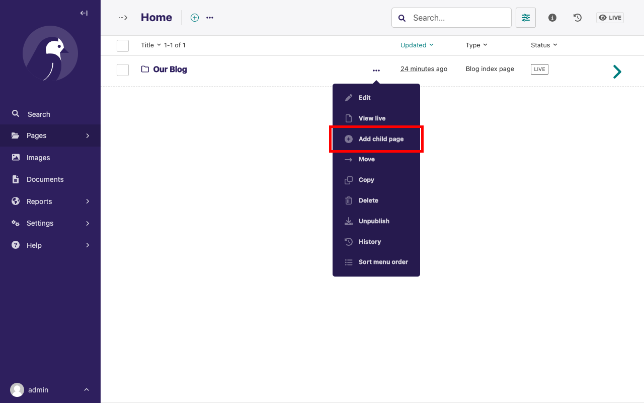 Page listing for Home page with the "Add Child Page" button highlighted in red