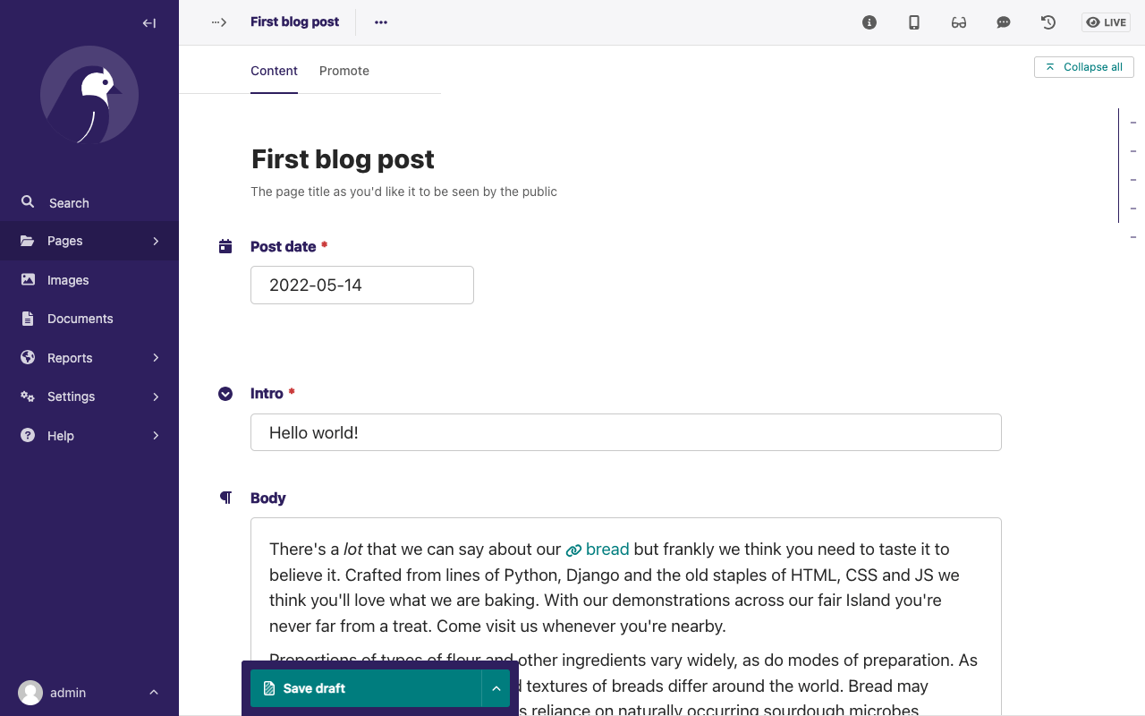 Page editor for "First blog post" page, with Post date, Intro, Body field