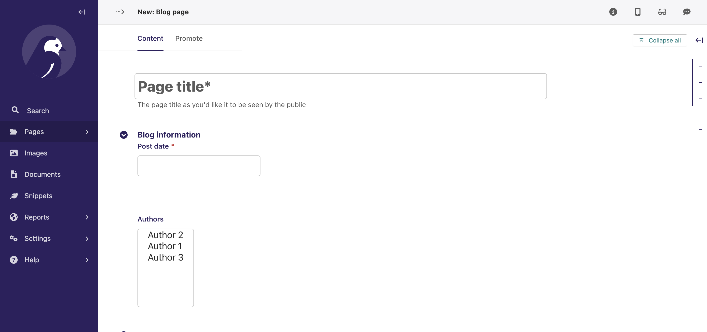 "Blog" page, with blog information and authors field